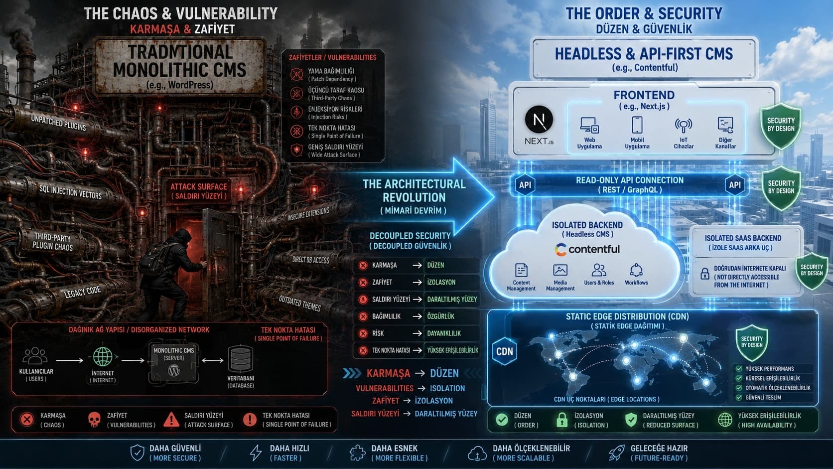 Geleneksel monolitik CMS’den headless ve API-first CMS mimarisine geçişi gösteren 16:9 infografik. Sol tarafta WordPress benzeri monolitik yapının karmaşık eklenti bağımlılıkları, açık saldırı yüzeyi ve güvenlik zafiyetleri; sağ tarafta ise Next.js tabanlı frontend, izole SaaS backend, read-only API bağlantıları, CDN dağıtımı ve security-by-design yaklaşımı yer alıyor.