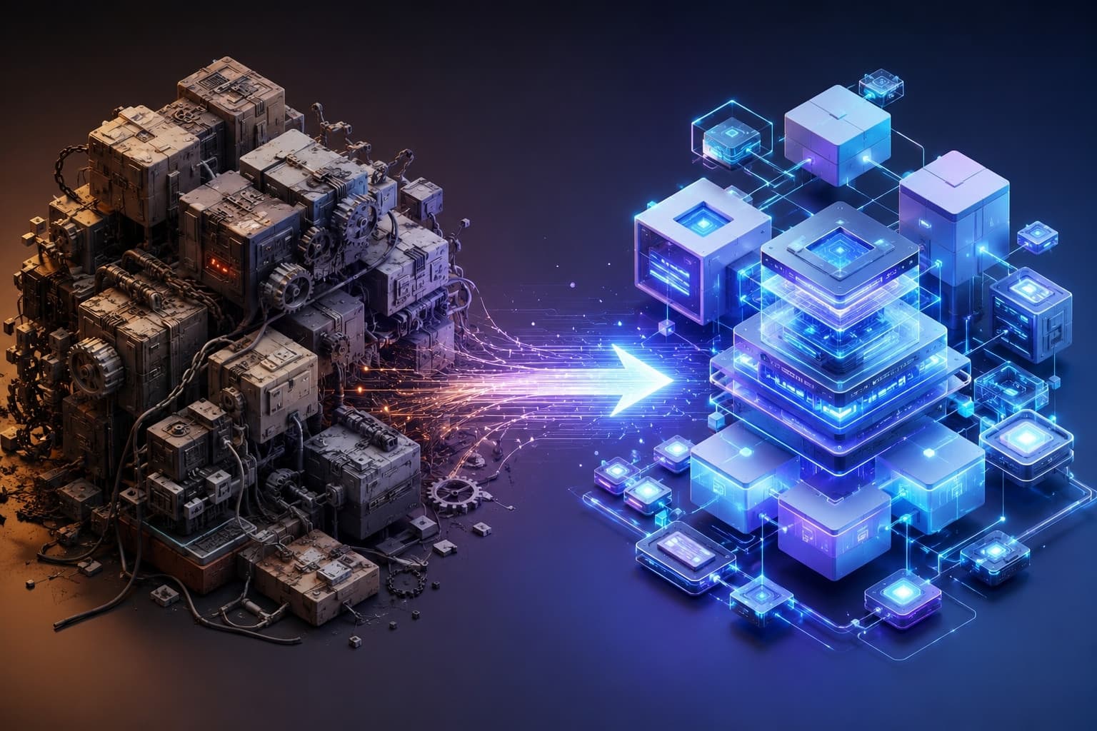 Monolitik web altyapısından esnek Headless CMS ve Next.js mimarisine geçişi temsil eden izometrik teknoloji illüstrasyonu.